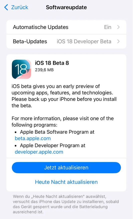 灌南苹果手机维修分享苹果 iOS / iPadOS 18 开发者预览版 Beta 8 发布 